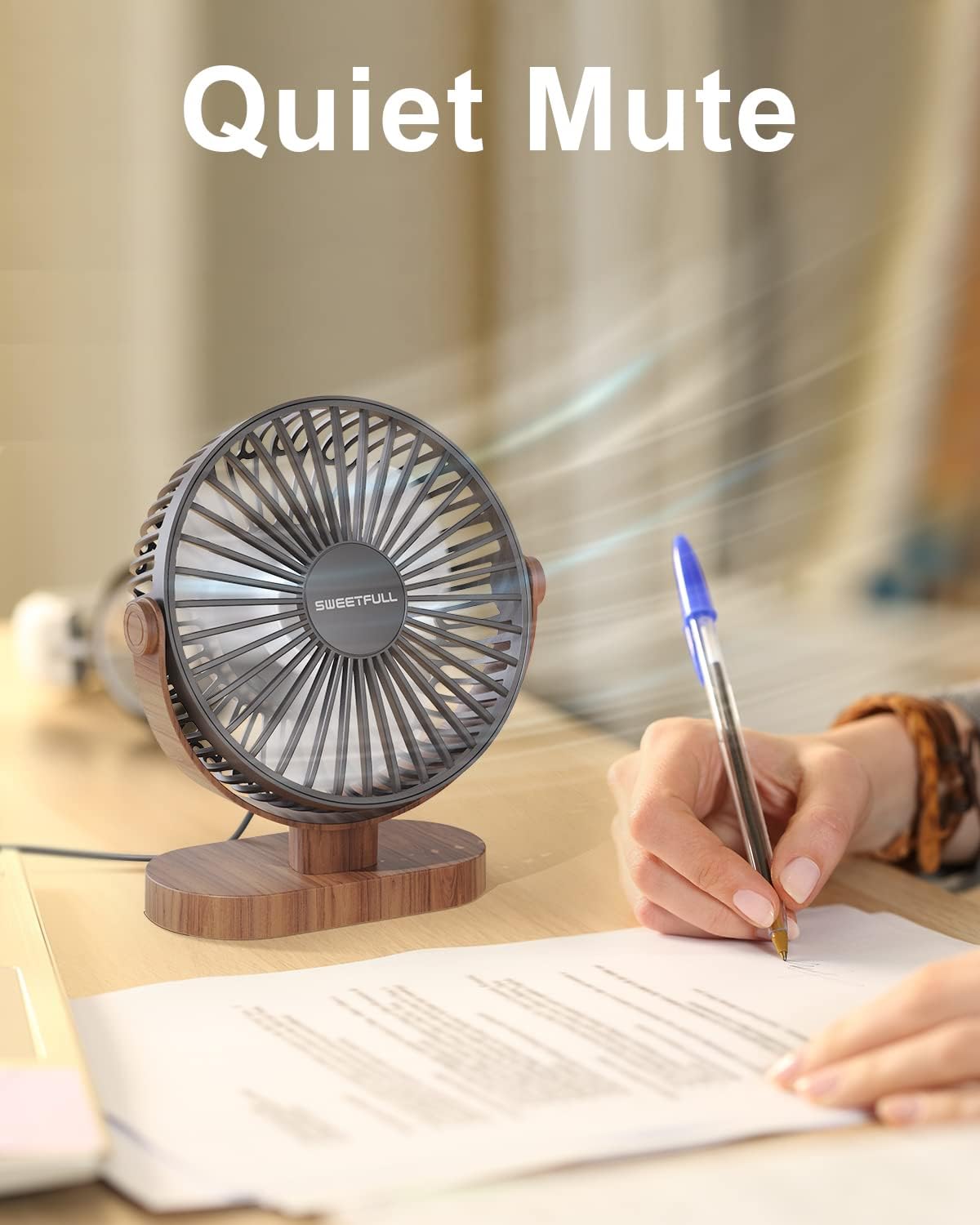 Eco-Friendly 6.5" USB Desk Fan – 3-Speed Super Quiet, 360° Adjustable, Sustainable Wood Grain Design – Perfect for Office, Travel & Home (Black/White)