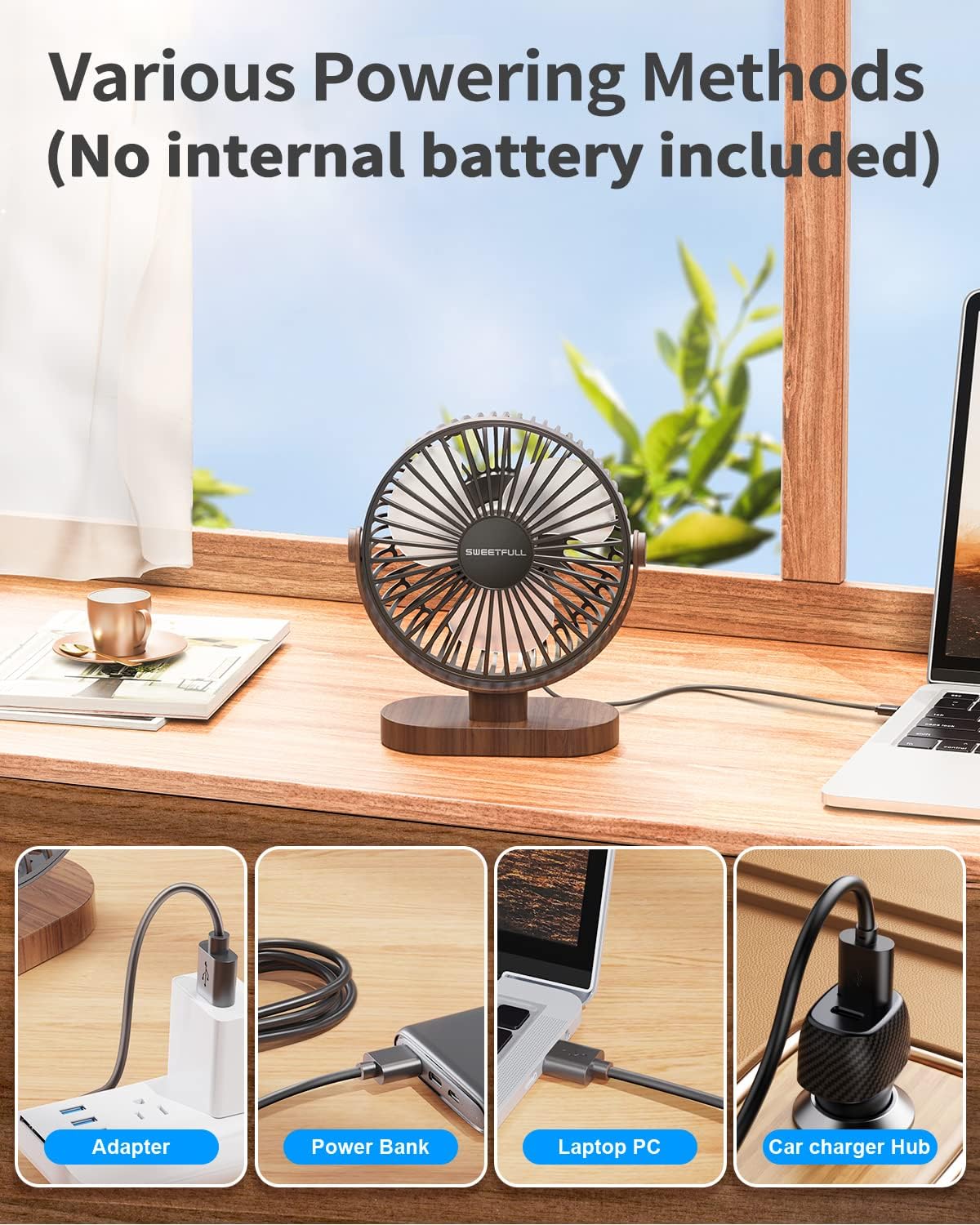 Eco-Friendly 6.5" USB Desk Fan – 3-Speed Super Quiet, 360° Adjustable, Sustainable Wood Grain Design – Perfect for Office, Travel & Home (Black/White)