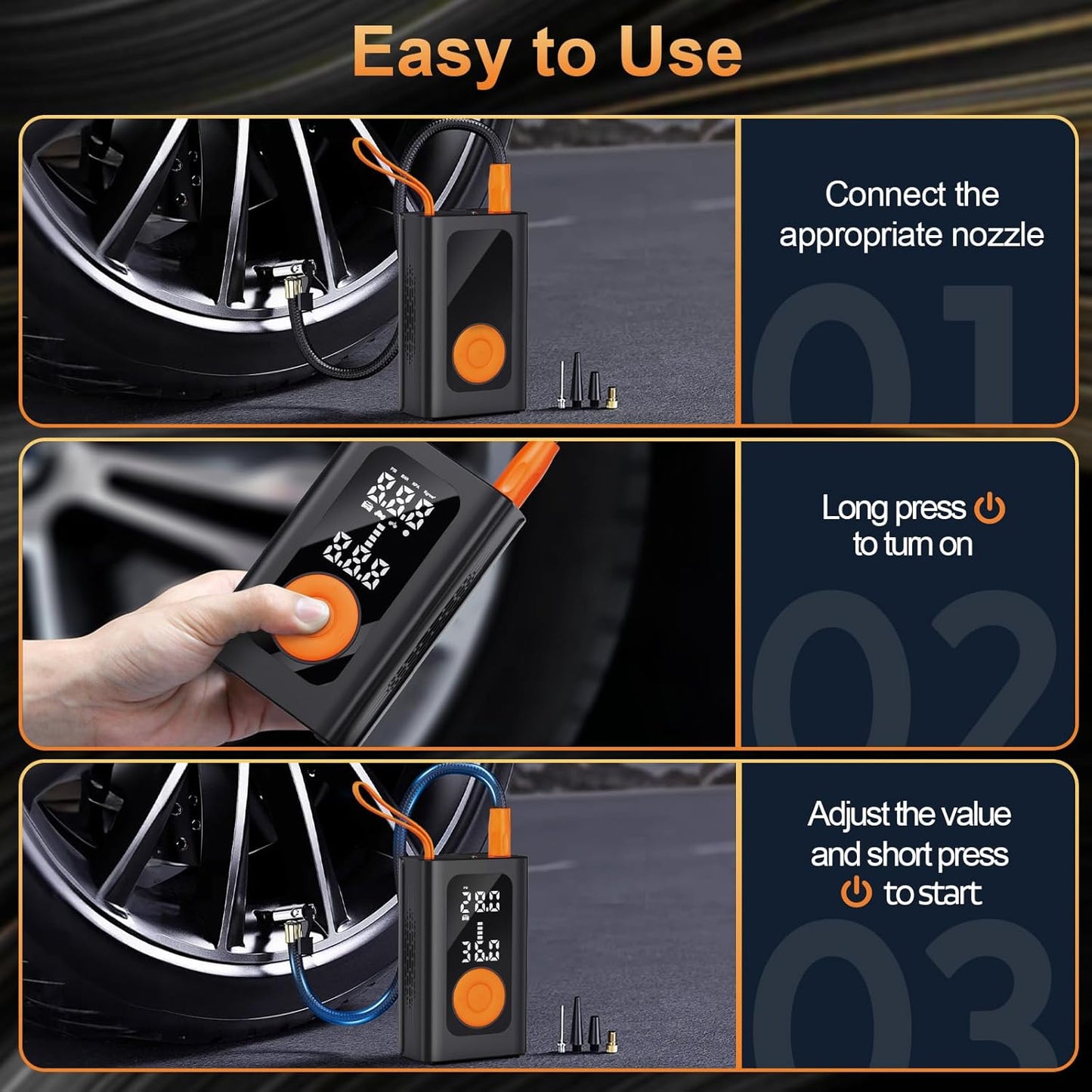 Luxela TorqFlow™ Pro Portable Tire Inflator – 150PSI, 2X Faster Inflation, AI Smart Stop, Cordless Air Pump for Car/Bike/Motorcycle w/ LED Light & SOS Mode (Black)