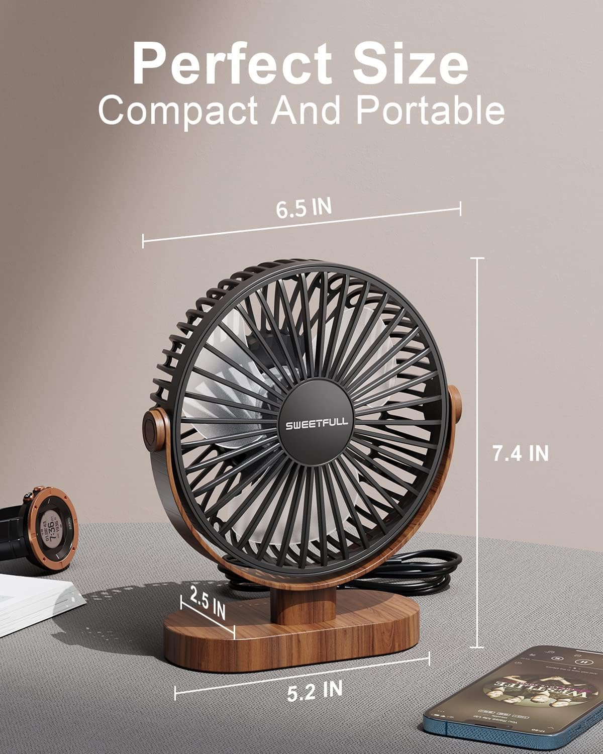 Eco-Friendly 6.5" USB Desk Fan – 3-Speed Super Quiet, 360° Adjustable, Sustainable Wood Grain Design – Perfect for Office, Travel & Home (Black/White)