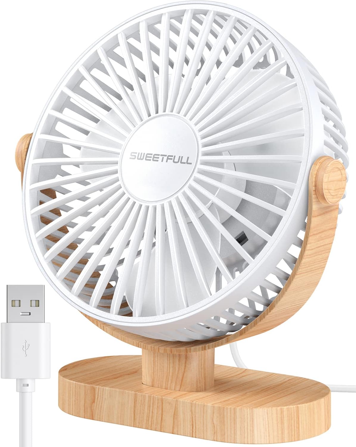 Eco-Friendly 6.5" USB Desk Fan – 3-Speed Super Quiet, 360° Adjustable, Sustainable Wood Grain Design – Perfect for Office, Travel & Home (Black/White)