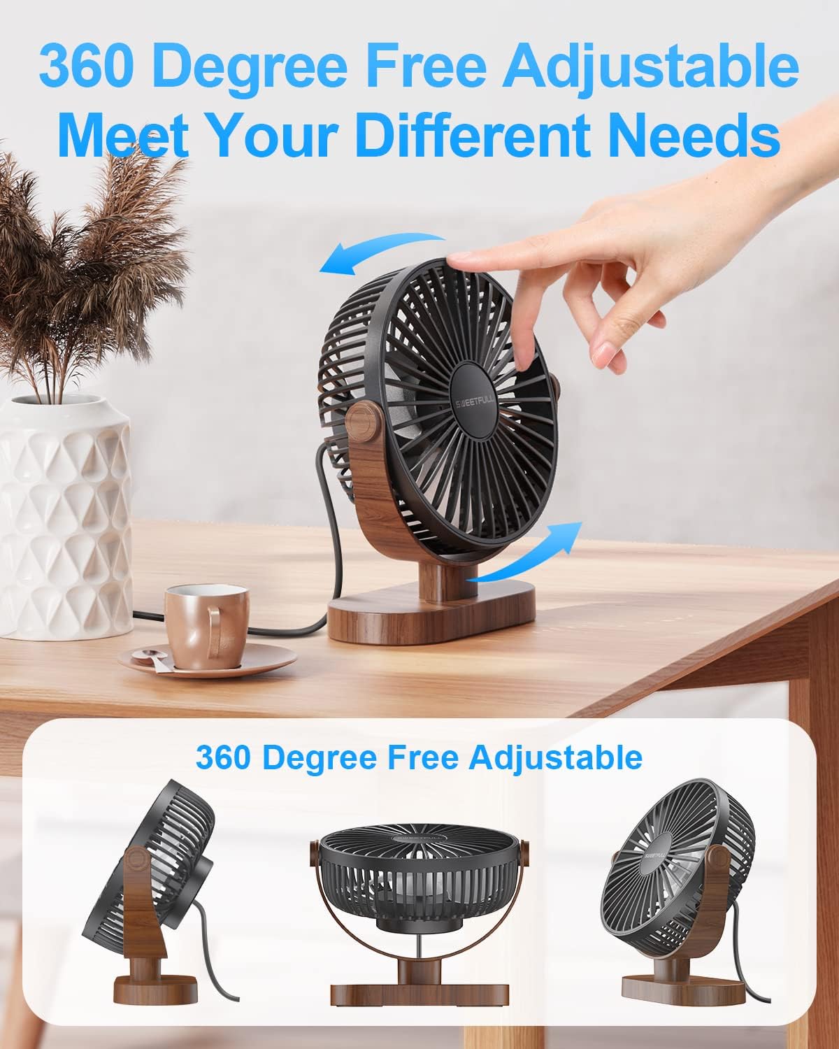 Eco-Friendly 6.5" USB Desk Fan – 3-Speed Super Quiet, 360° Adjustable, Sustainable Wood Grain Design – Perfect for Office, Travel & Home (Black/White)