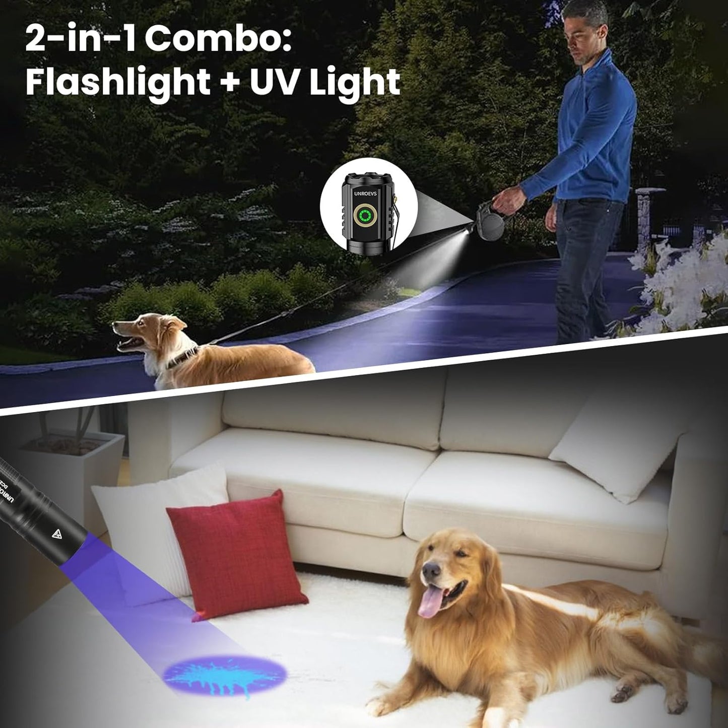 2-in-1 Tactical Flashlight & UV Light - 1500LM EDC, 5 Modes & Magnetic Base | 365nm Blacklight for Detection, Inspections & Emergencies