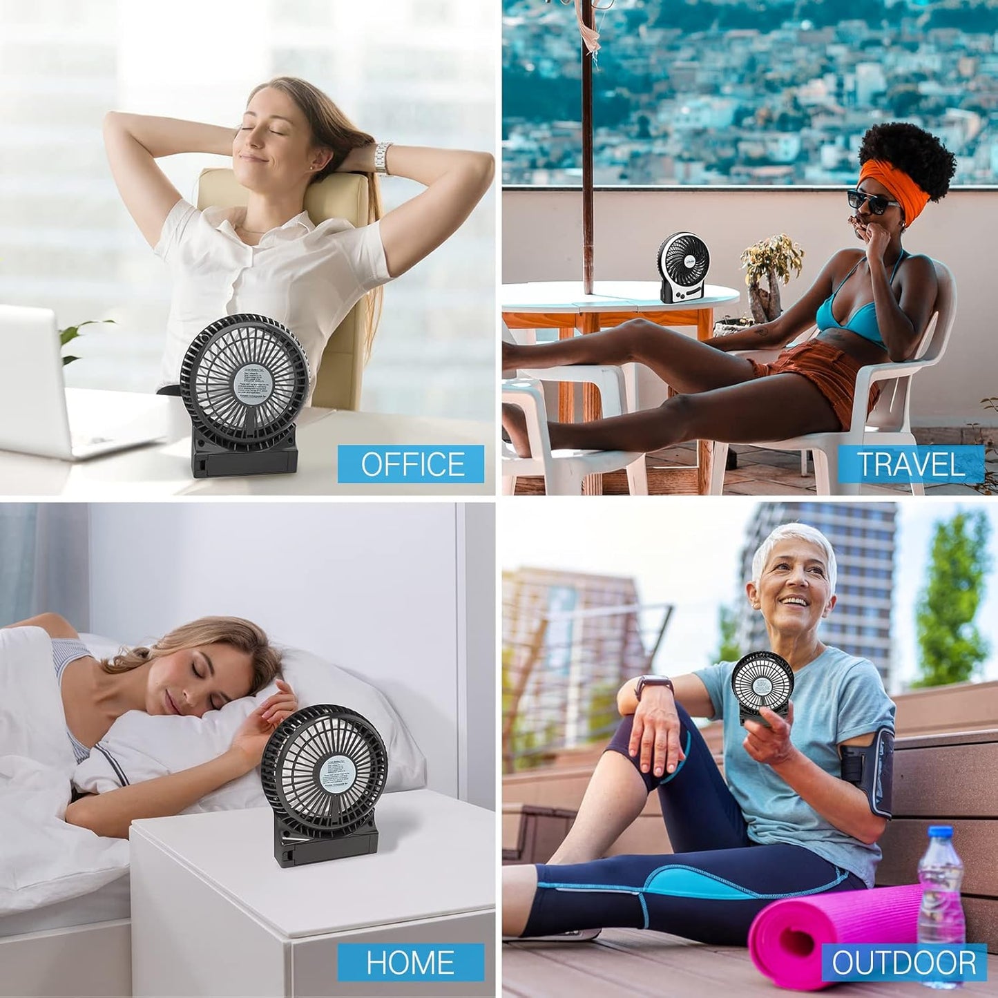 Mini Desk Fan with LED Light & Flashlight – 3-Speed USB Rechargeable, Ultra-Quiet Portable Fan for Office, Travel, Camping – 4.9 Inch (Black, Blue, Pink, White) – Cool Anywhere!