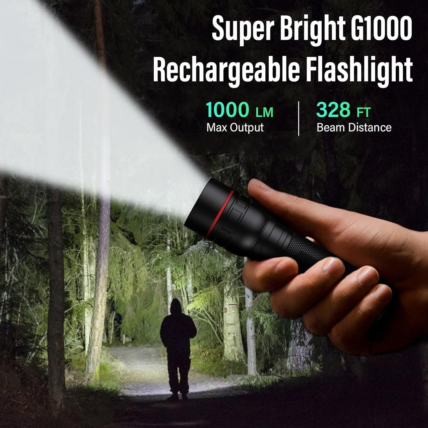 G1000 Tactical Flashlight ā 1000LM Zoomable, USB-C Rechargeable, IP65 Waterproof! 3 Modes for Camping, Emergencies & EDC (Fits in Pocket!)(Battery Included)