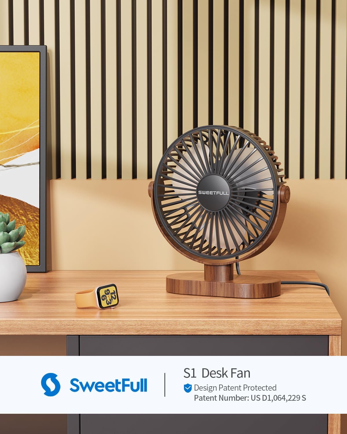 Eco-Friendly 6.5" USB Desk Fan – 3-Speed Super Quiet, 360° Adjustable, Sustainable Wood Grain Design – Perfect for Office, Travel & Home (Black/White)