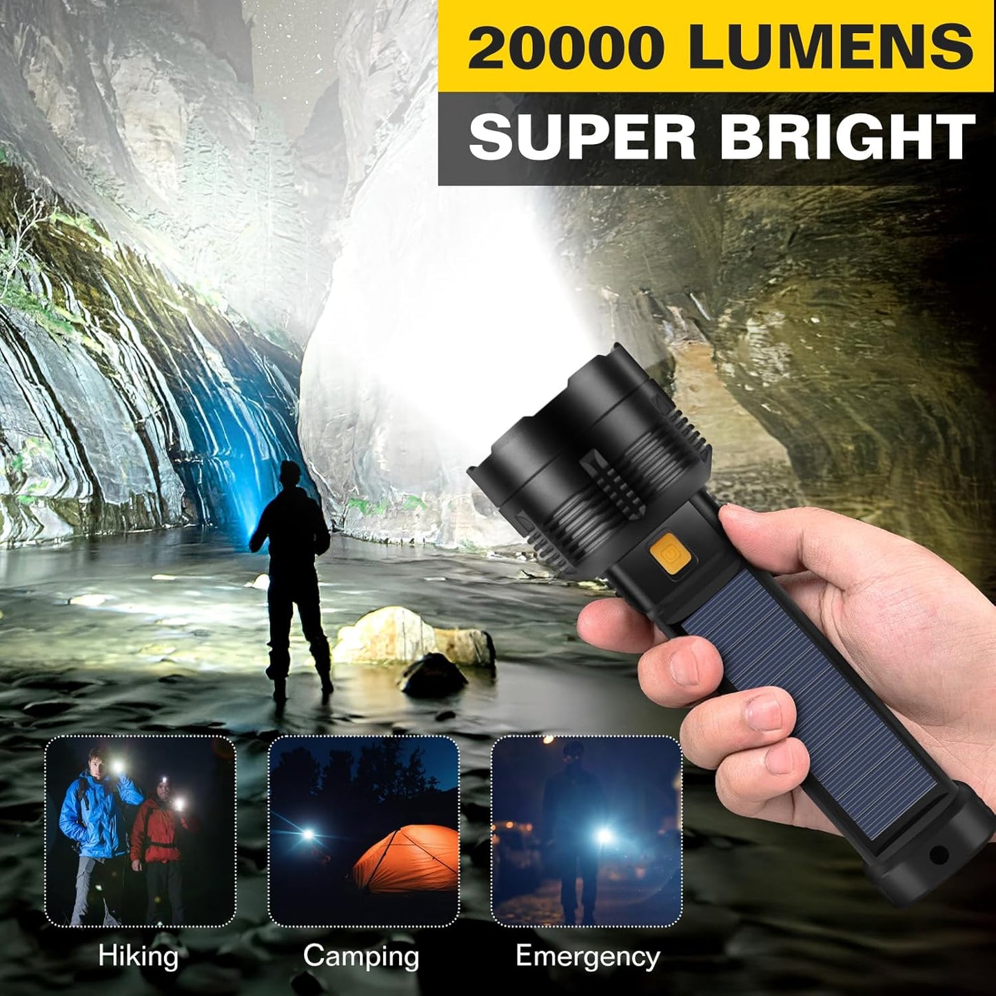 2-Pack 20,000 Lumen Tactical Flashlights - Solar/USB Rechargeable, 4 Modes & Waterproof | Brightest Survival Flashlights for Blackouts & Emergencies
