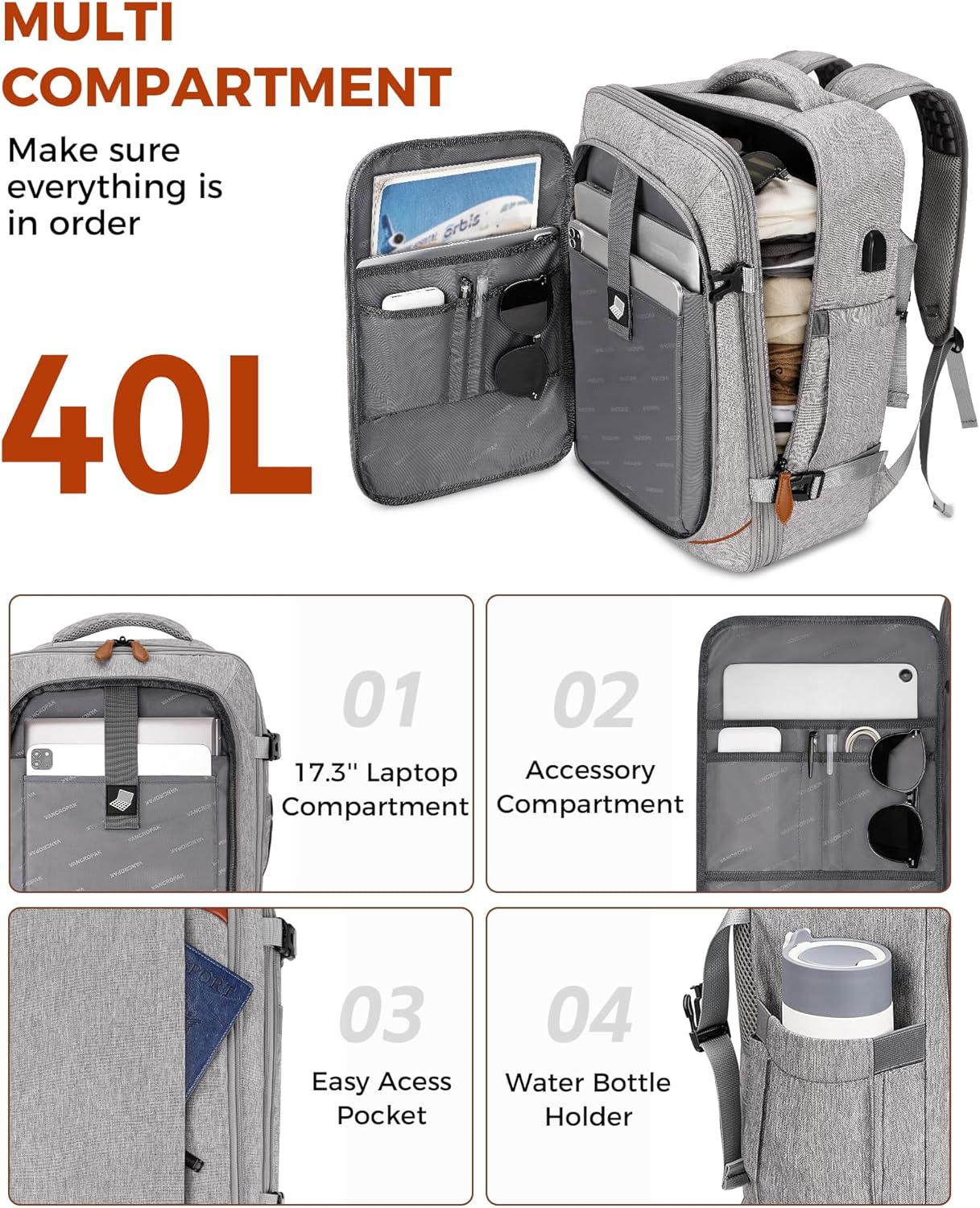 40L Expandable Carry-On Backpack w/ 3 Packing Cubes - Flight Approved, Anti-Theft
