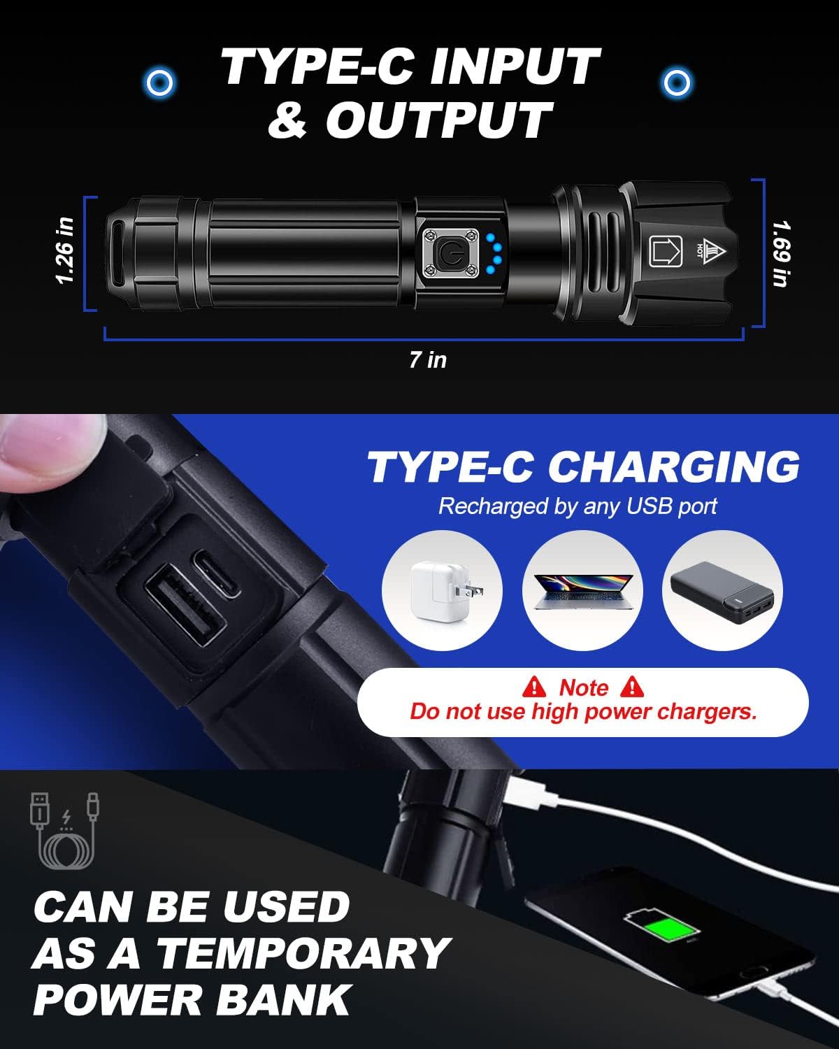 Super Tactical Flashlight - Rechargeable, Zoomable, 5 Modes, USA Stock