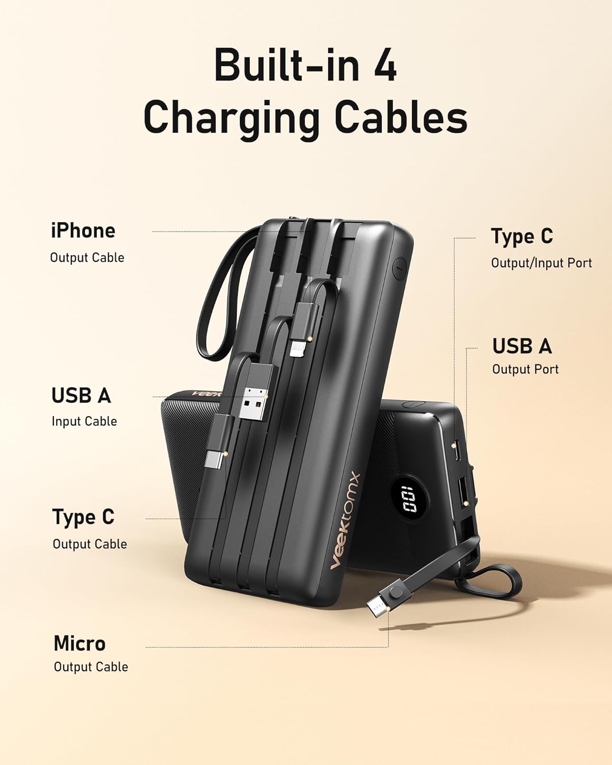 Portable Charger w/Built-in Cables - 10000/20000/30000mAh