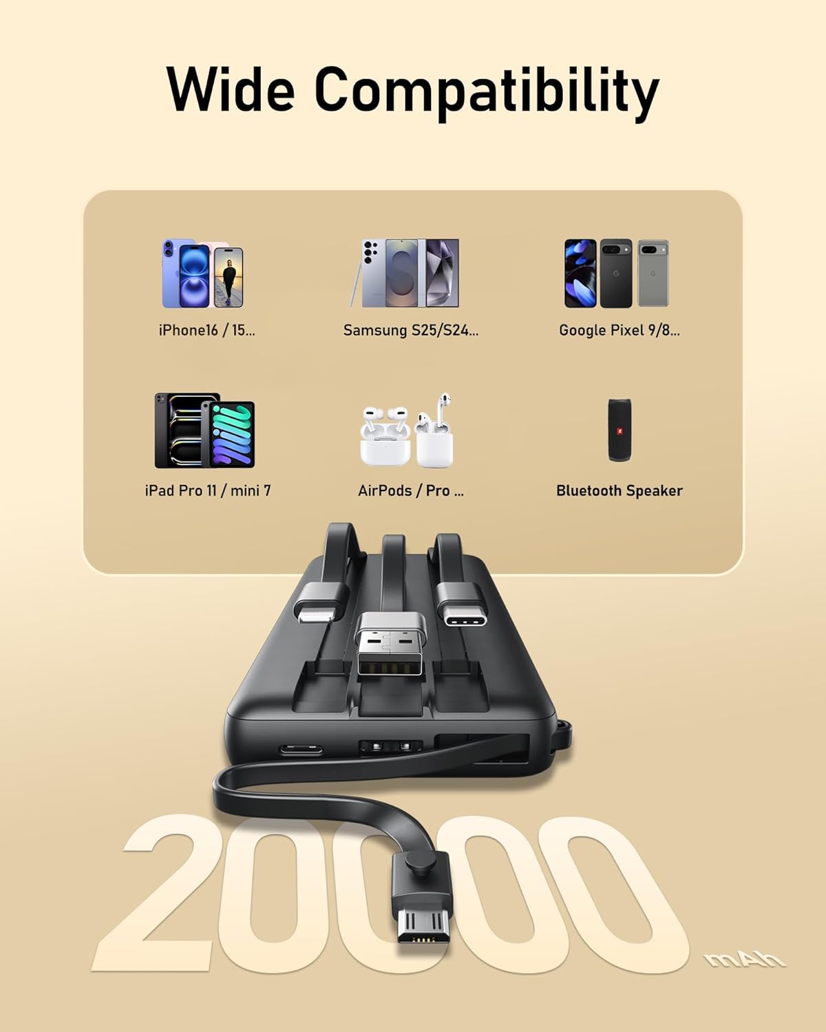 Portable Charger w/Built-in Cables - 10000/20000/30000mAh