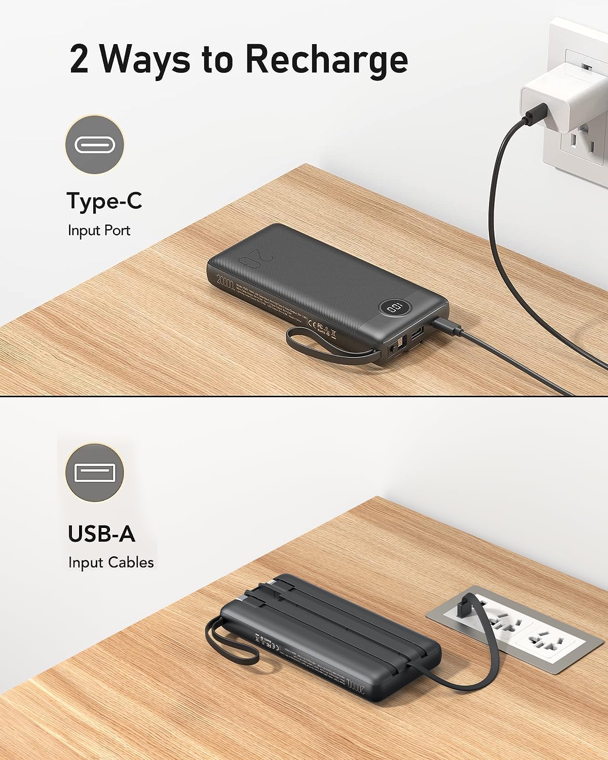 Portable Charger w/Built-in Cables - 10000/20000/30000mAh