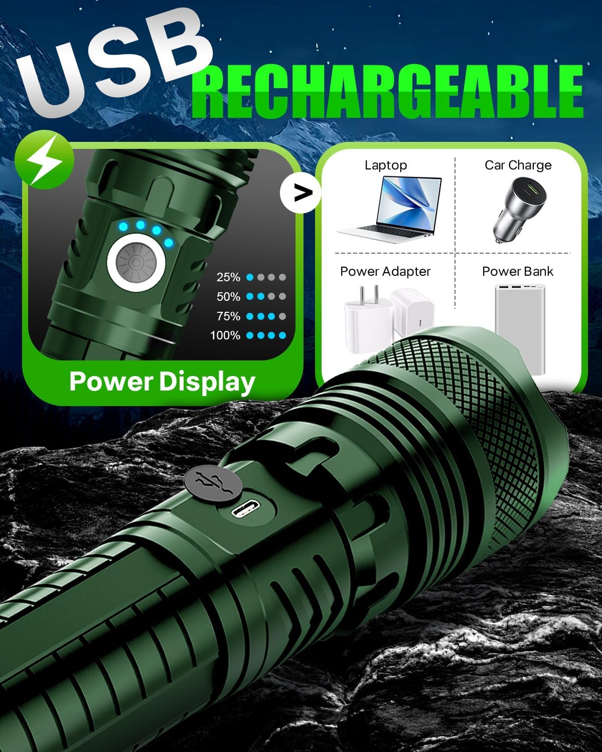 Color Tactical Flashlight - Rechargeable, Zoomable, 5 Modes, USA Stock