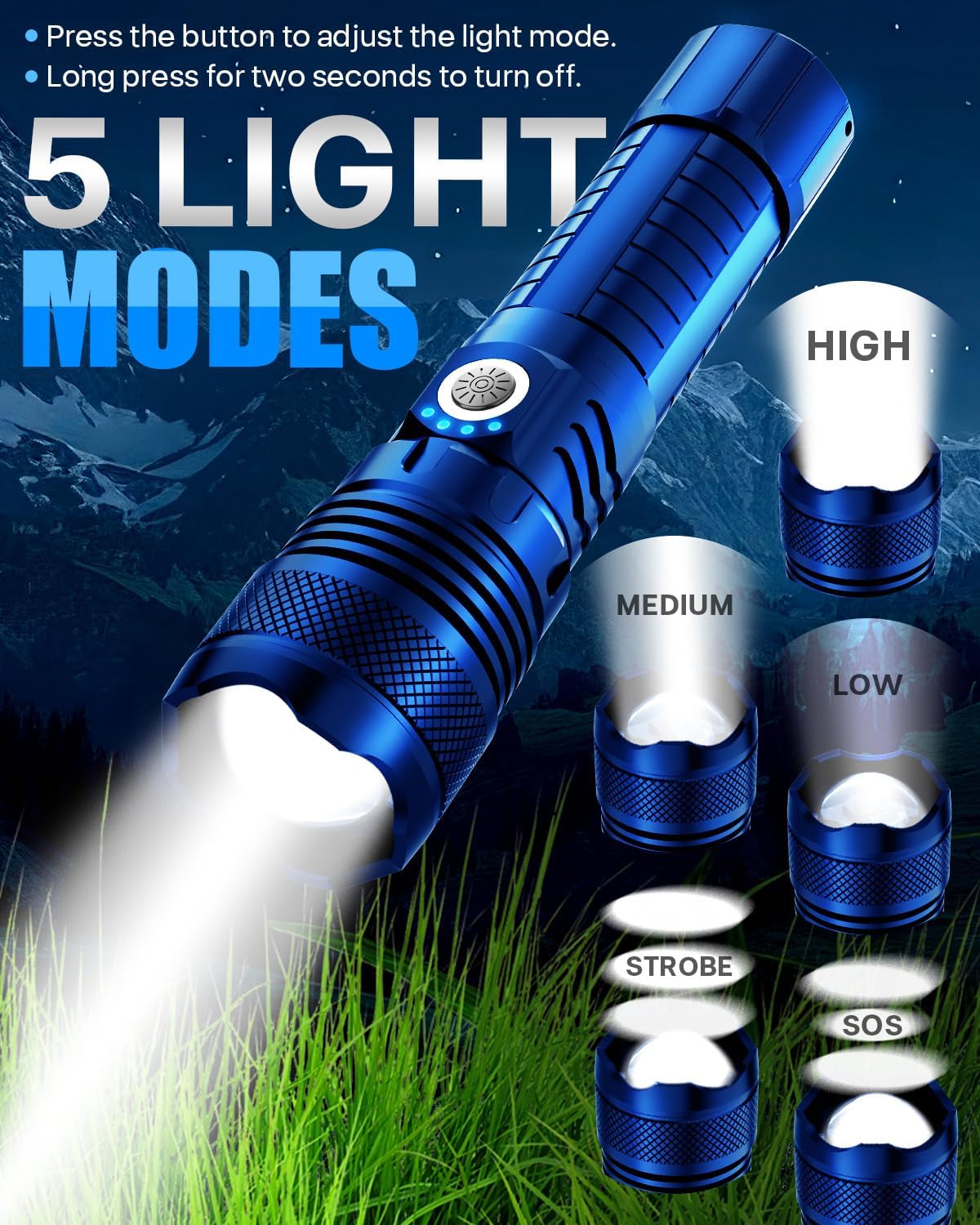 Color Tactical Flashlight - Rechargeable, Zoomable, 5 Modes, USA Stock