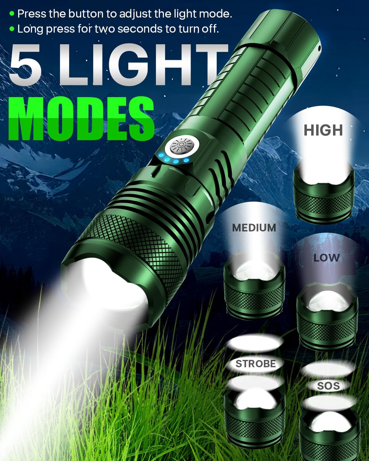 Color Tactical Flashlight - Rechargeable, Zoomable, 5 Modes, USA Stock