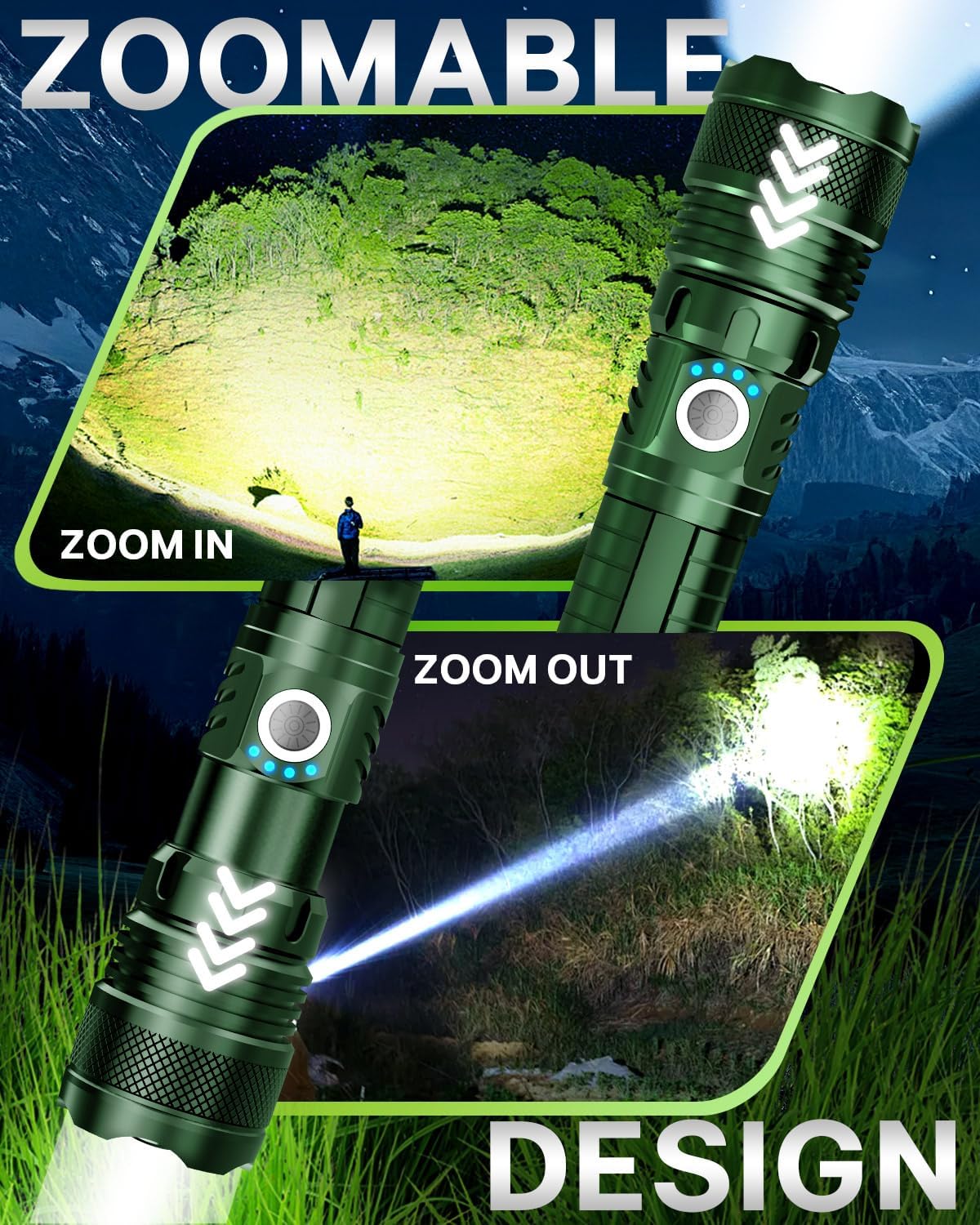 Color Tactical Flashlight - Rechargeable, Zoomable, 5 Modes, USA Stock