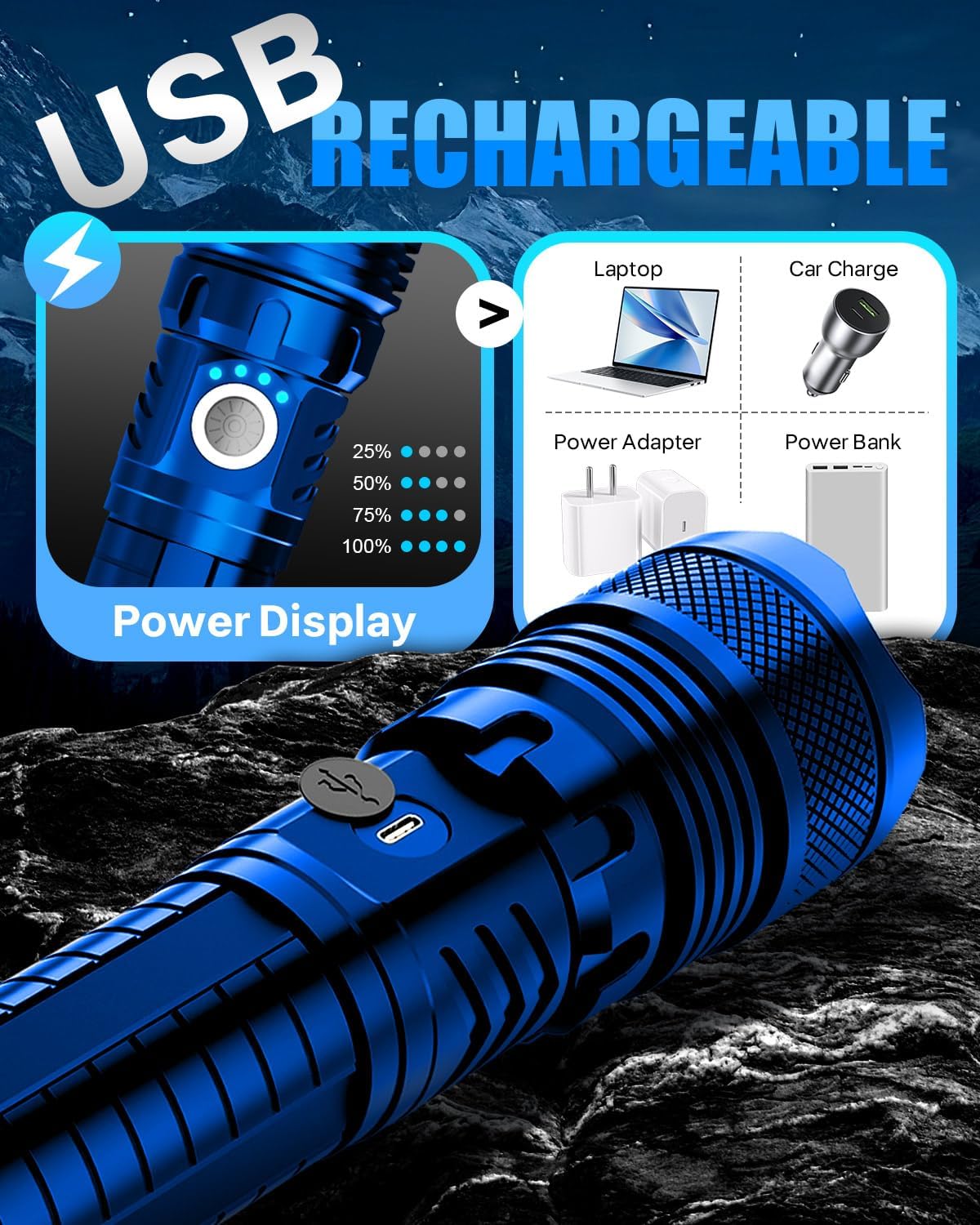 Color Tactical Flashlight - Rechargeable, Zoomable, 5 Modes, USA Stock