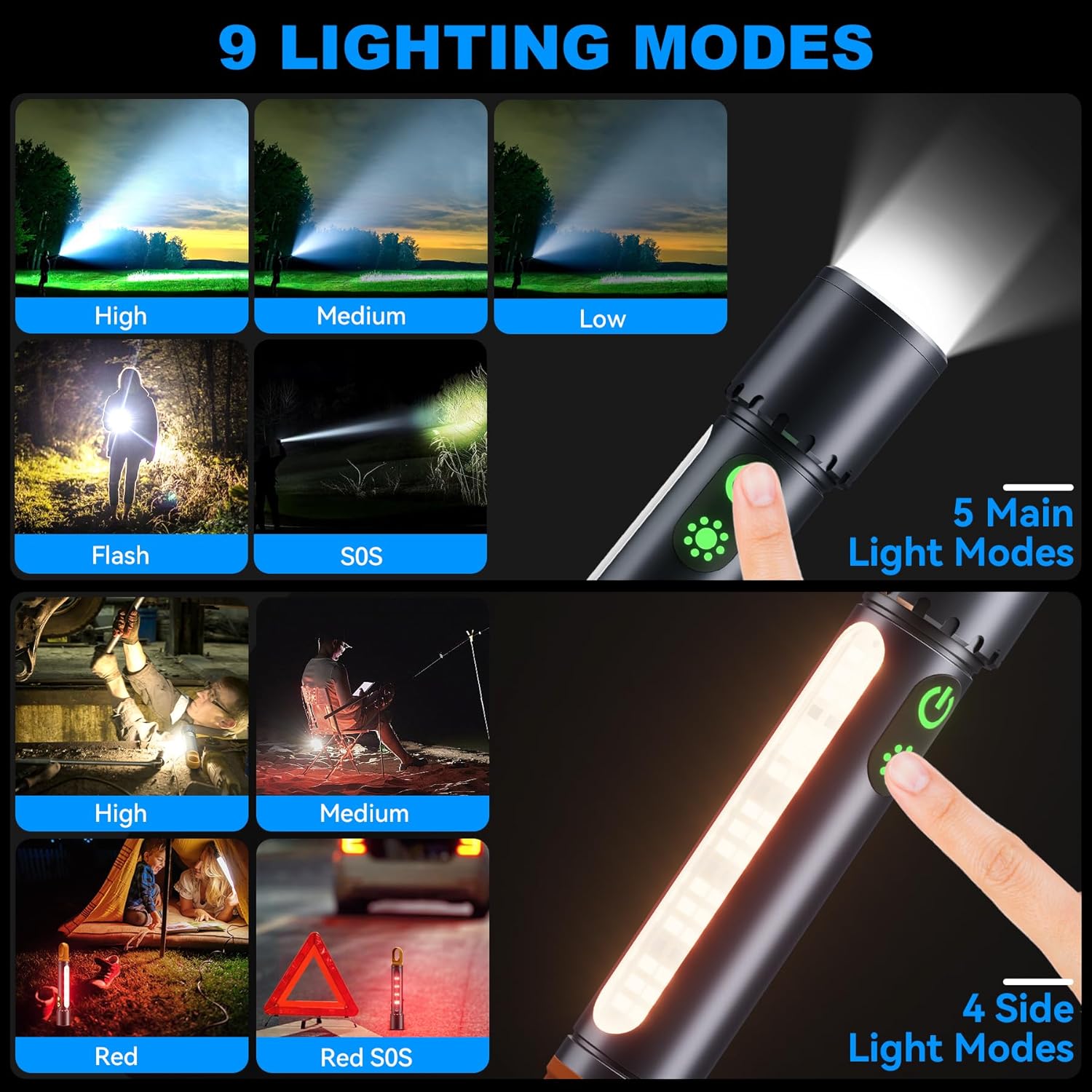 Magnetic Rechargeable Flashlight, 2000LM 5000mAh, 9 Modes, Waterproof