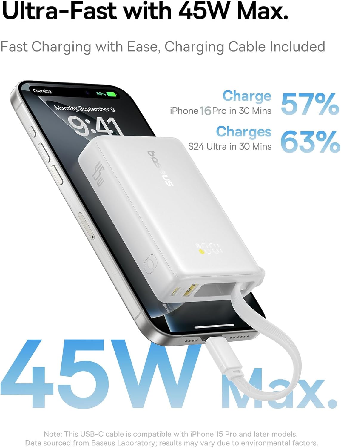 Baseus 45W Power Bank 10,000mAh w/ Built-in Cable - Fast & Compact