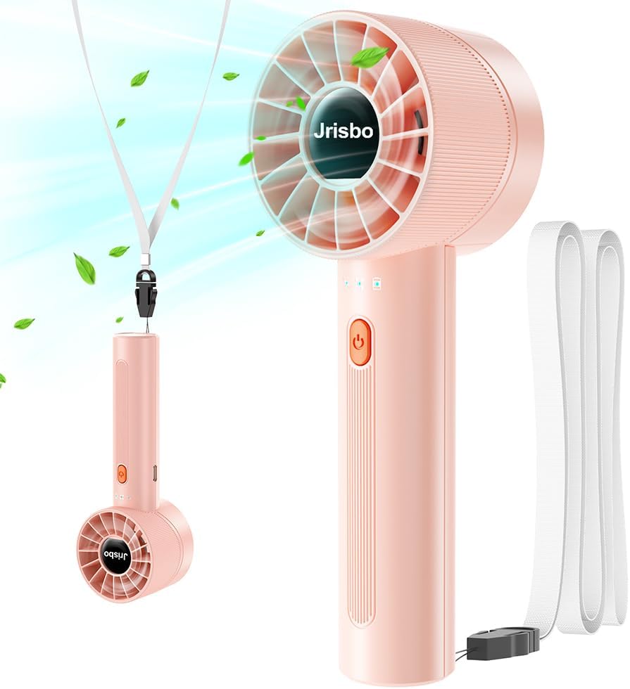 JRISBO Portable Handheld Fan – 4-Speed High-Power Cooling, 2600mAh USB-C Rechargeable | Ultra-Quiet & Lightweight for Travel, Office, Outdoors (Free Neck Lanyard!)