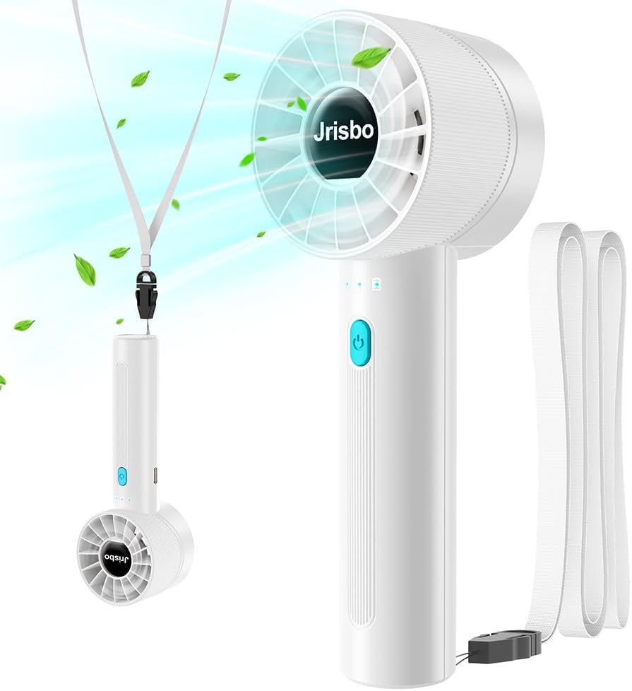 JRISBO Portable Handheld Fan – 4-Speed High-Power Cooling, 2600mAh USB-C Rechargeable | Ultra-Quiet & Lightweight for Travel, Office, Outdoors (Free Neck Lanyard!)