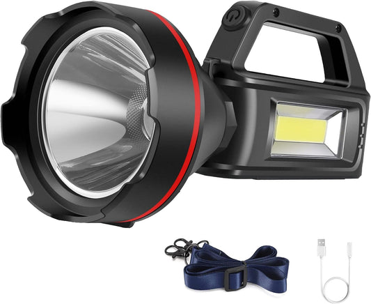 3000LM Rechargeable Spotlight Flashlight – 8-16H Runtime, 500M Beam, USB Power Bank! Hurricane & Survival Essential for Camping, Hunting, Emergencies 