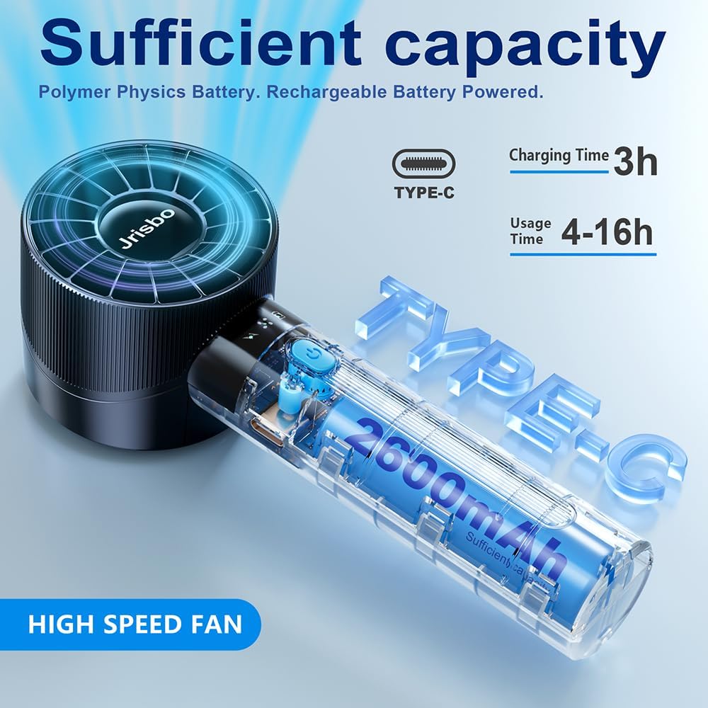 JRISBO Portable Handheld Fan – 4-Speed High-Power Cooling, 2600mAh USB-C Rechargeable | Ultra-Quiet & Lightweight for Travel, Office, Outdoors (Free Neck Lanyard!)