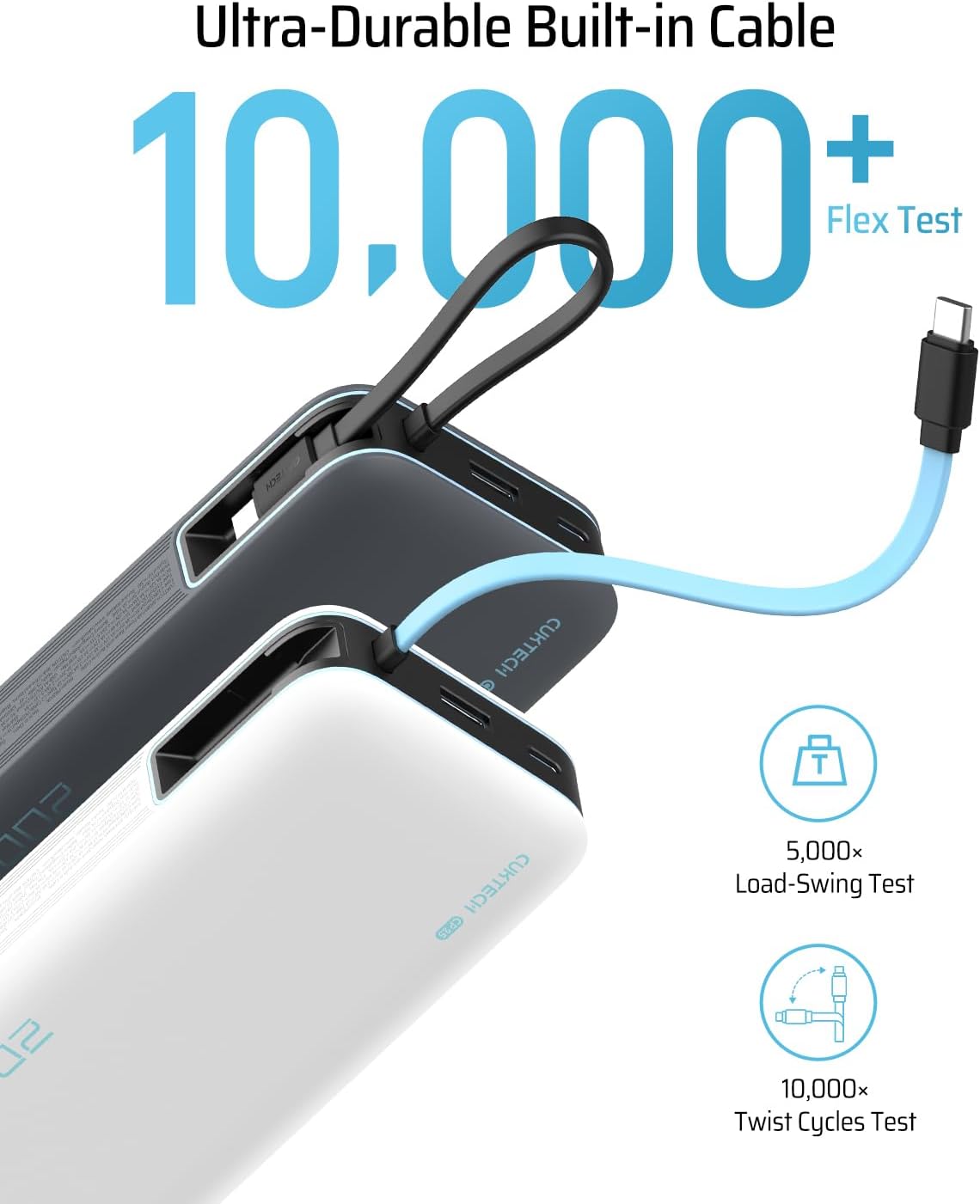CUKTECH 20K Power Bank 45W: Built-In USB-C Cable (Gray)