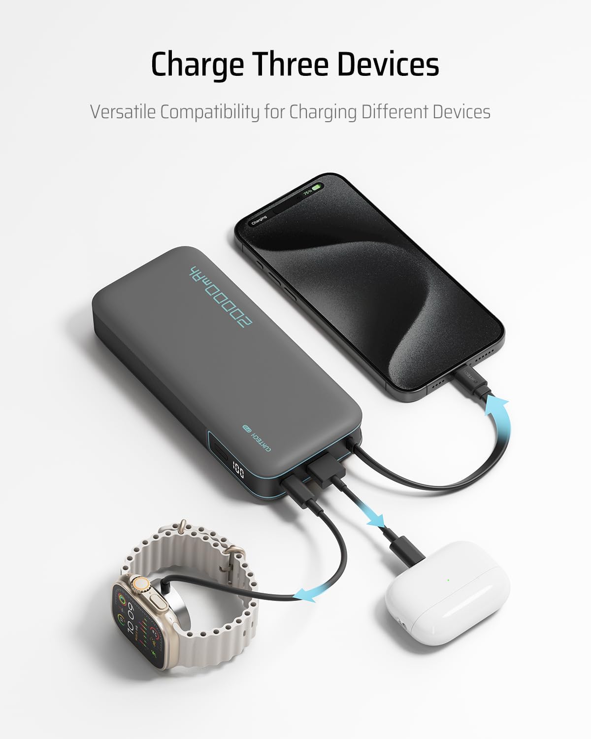CUKTECH 20K Power Bank 45W: Built-In USB-C Cable (Gray)
