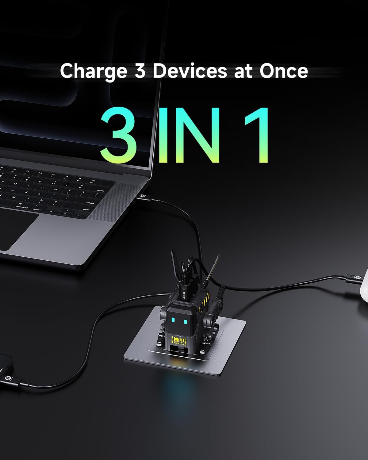 Unleash Power and Style with the 65W Alpha65 Robot Fast Charger - 3-Port Foldable USB C Charger for iPhone, MacBook, iPad, and More!