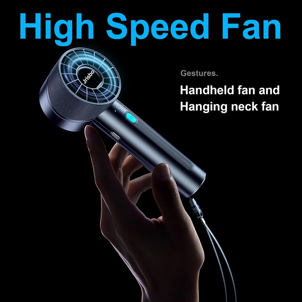 JRISBO Portable Handheld Fan – 4-Speed High-Power Cooling, 2600mAh USB-C Rechargeable | Ultra-Quiet & Lightweight for Travel, Office, Outdoors (Free Neck Lanyard!)