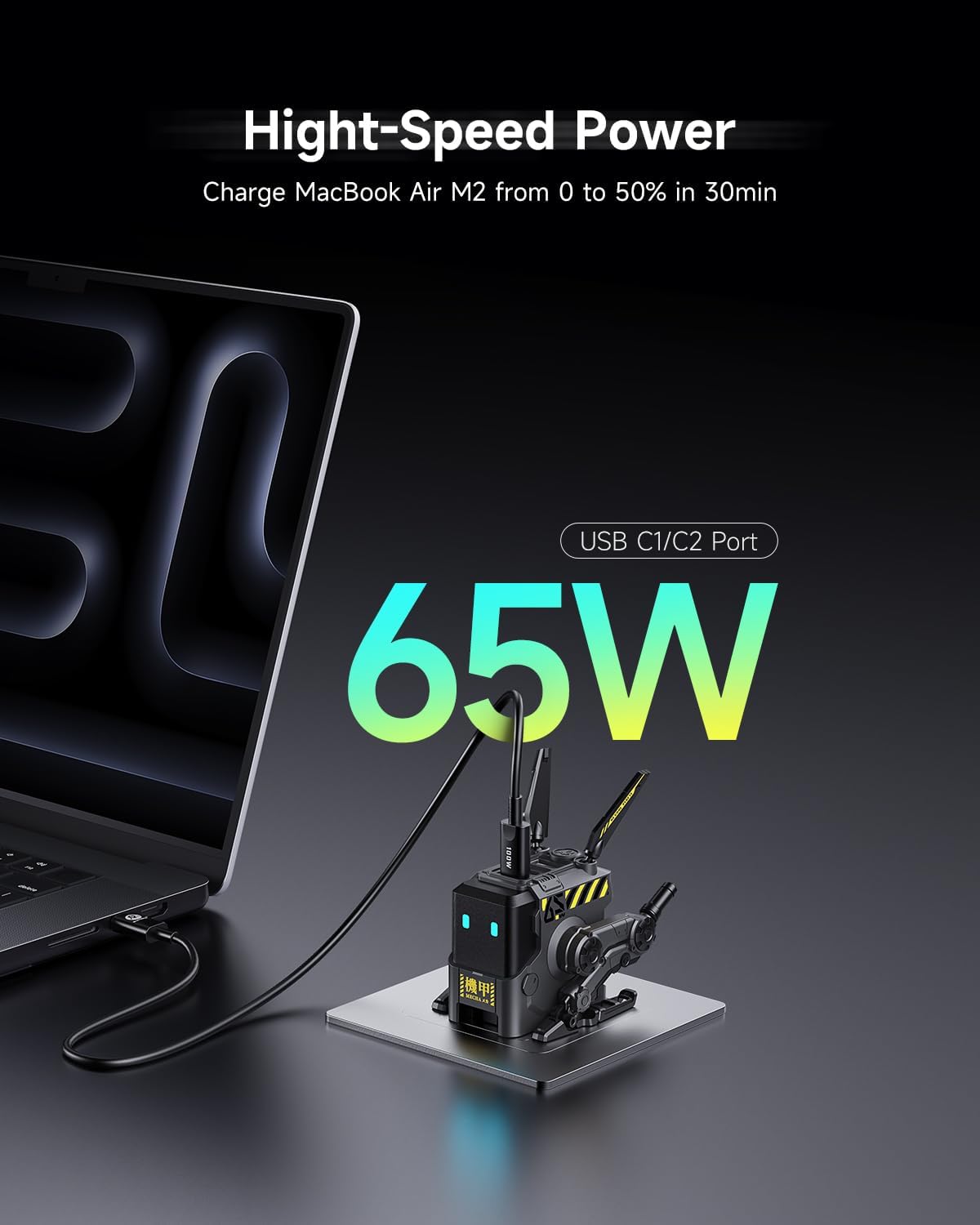 Unleash Power and Style with the 65W Alpha65 Robot Fast Charger - 3-Port Foldable USB C Charger for iPhone, MacBook, iPad, and More!