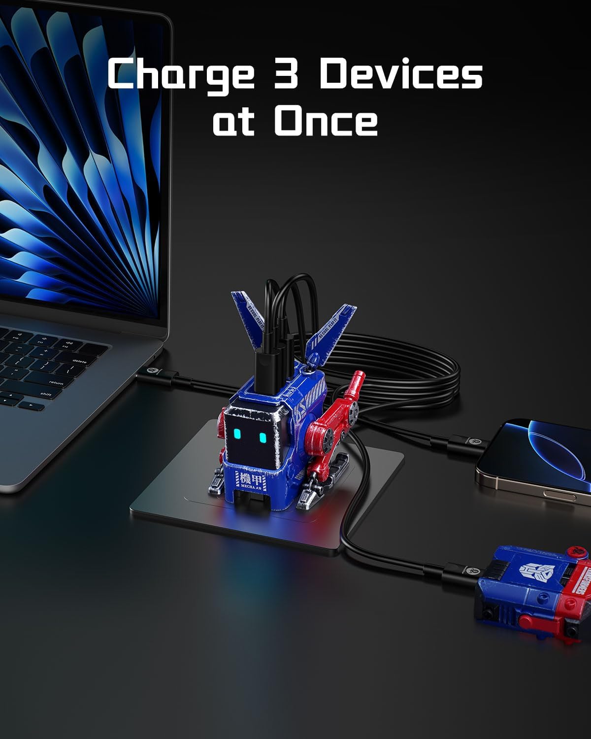 Revolutionary 65W Alpha65 Mecha Robot Fast Charger - Compact 3-Port USB C Power Adapter for iPhone, MacBook, iPad, Galaxy S23/S24, and More!