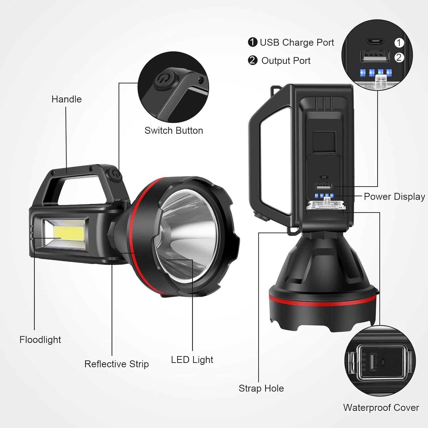 3000LM Rechargeable Spotlight Flashlight – 8-16H Runtime, 500M Beam, USB Power Bank! Hurricane & Survival Essential for Camping, Hunting, Emergencies 