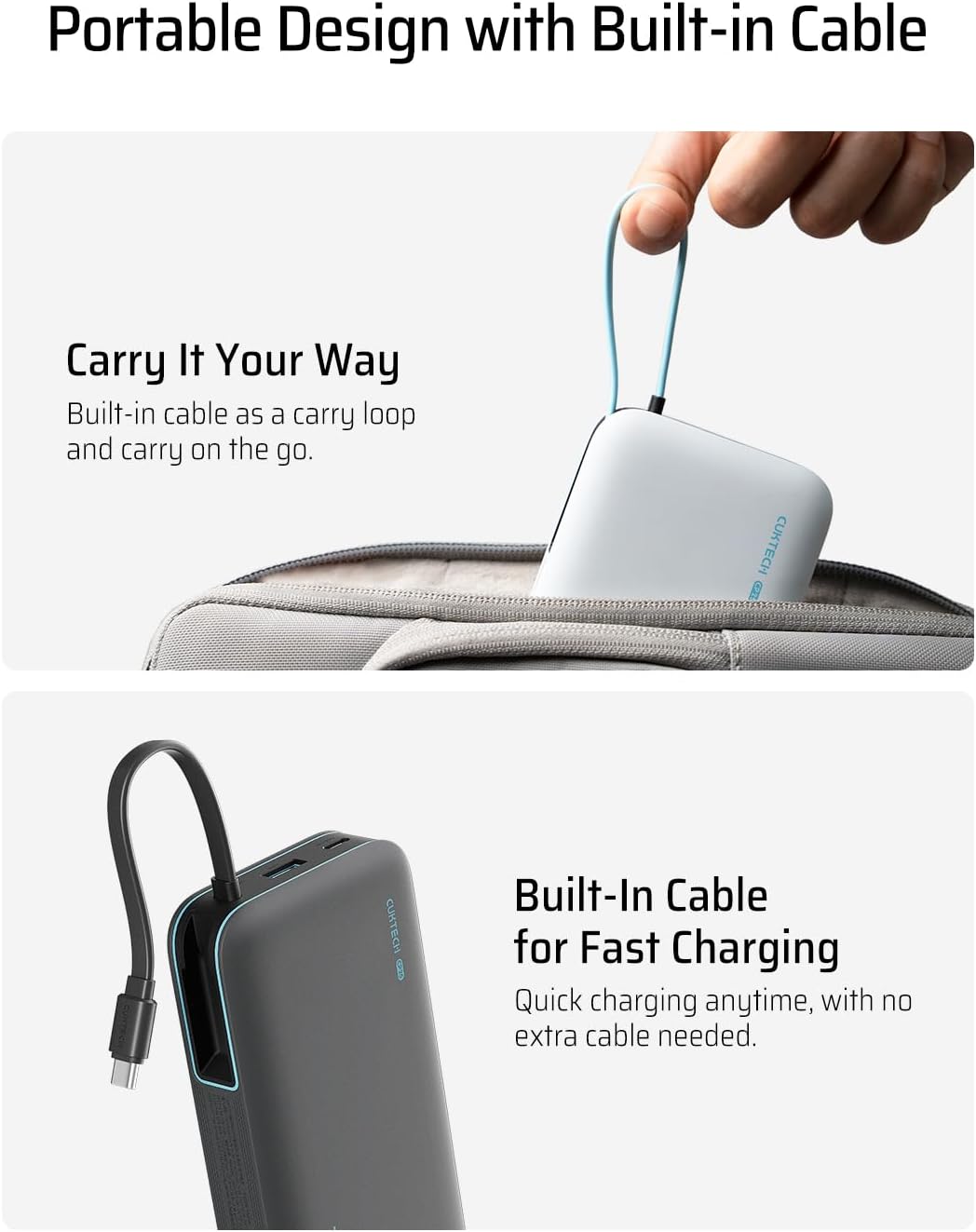 CUKTECH 20K Power Bank 45W: Built-In USB-C Cable (Gray)