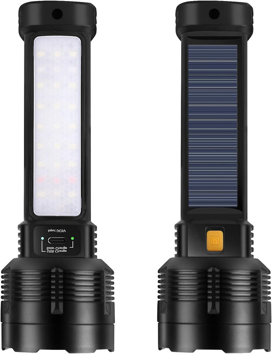 2-Pack 20,000 Lumen Tactical Flashlights - Solar/USB Rechargeable, 4 Modes & Waterproof | Brightest Survival Flashlights for Blackouts & Emergencies
