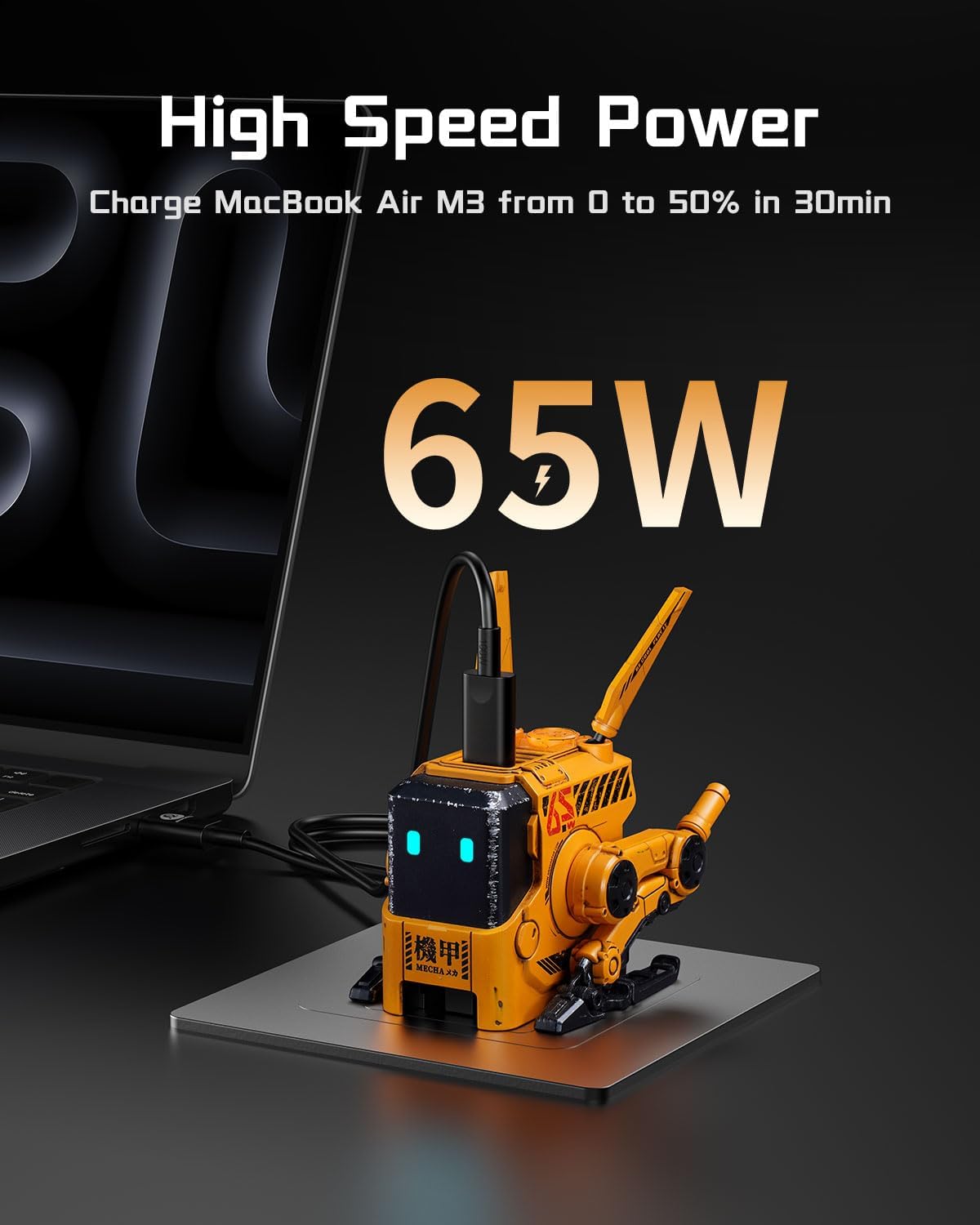 Alpha65 65W Fast Charger - Compact Robot Design, Foldable Power Adapter for iPhone, MacBook, Galaxy & More