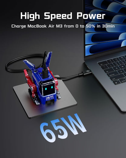Revolutionary 65W Alpha65 Mecha Robot Fast Charger - Compact 3-Port USB C Power Adapter for iPhone, MacBook, iPad, Galaxy S23/S24, and More!