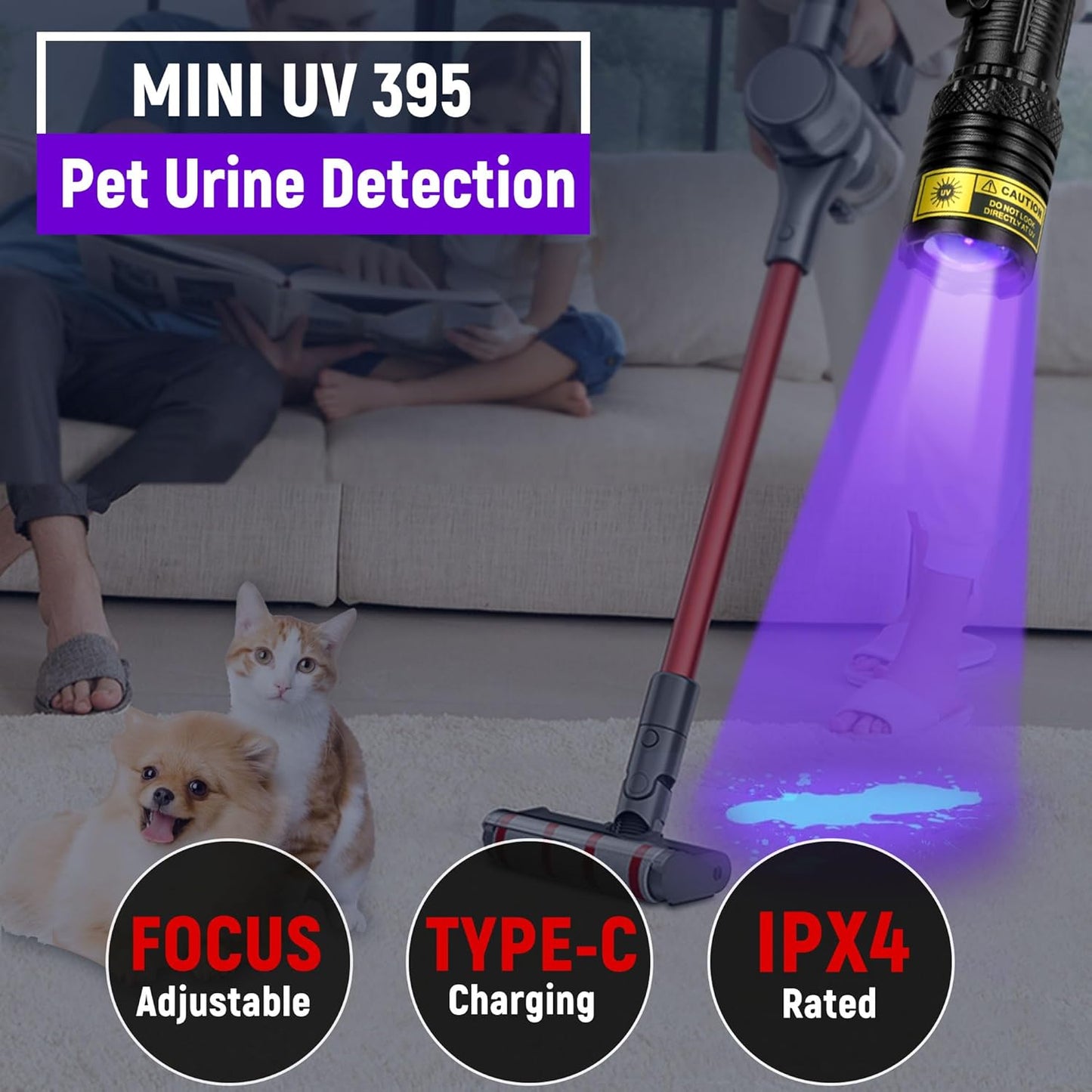 395nm UV Flashlight - 10W Blacklight for Pet Stains & Scorpion Hunting | USB-C Rechargeable, IPX6 Waterproof & Focus-Adjustable