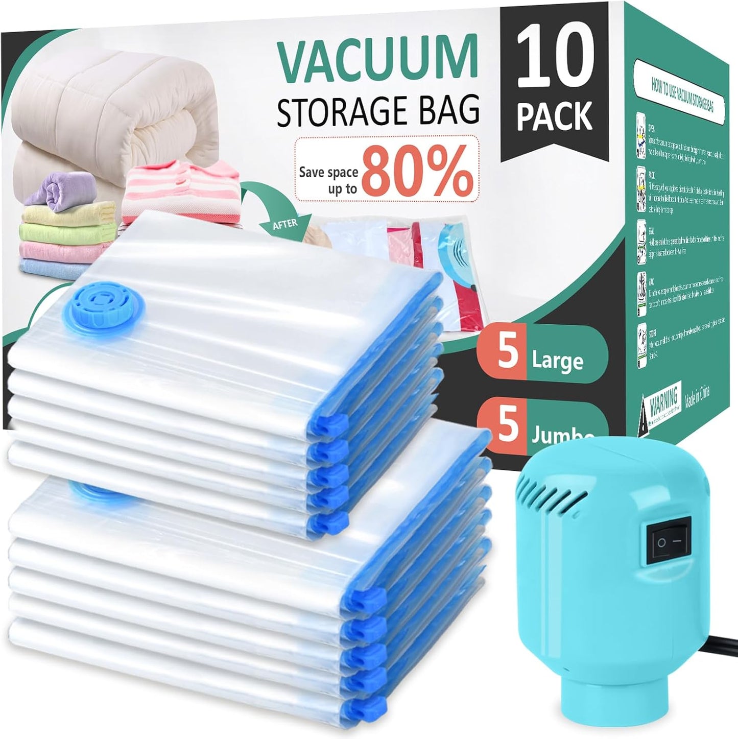 Electric Vacuum Storage Bags w/Pump - 6/8/10/24 Pack