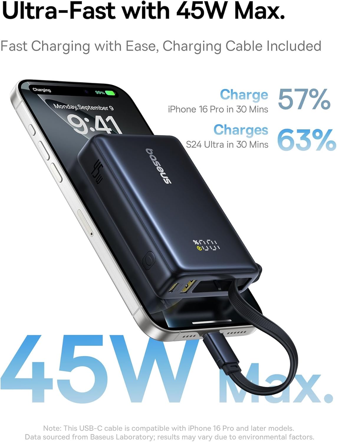 Baseus 45W Power Bank 10,000mAh w/ Built-in Cable - Fast & Compact