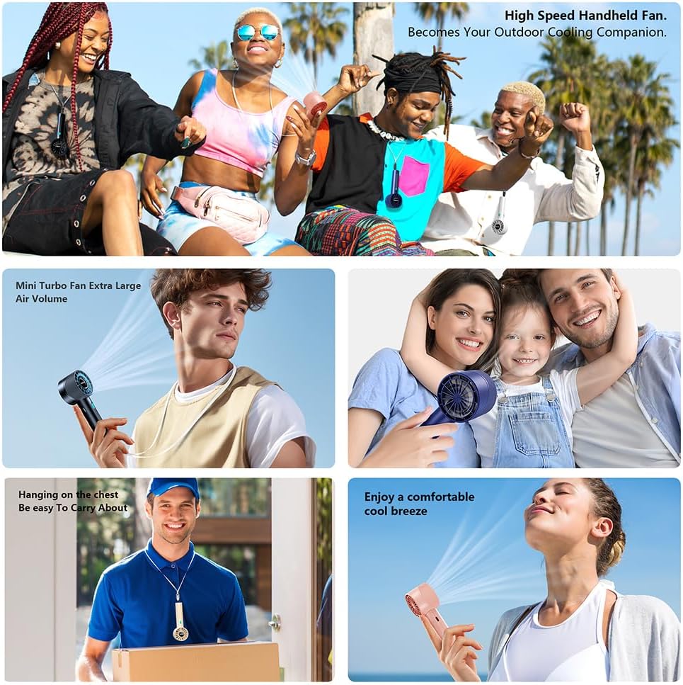 JRISBO Portable Handheld Fan – 4-Speed High-Power Cooling, 2600mAh USB-C Rechargeable | Ultra-Quiet & Lightweight for Travel, Office, Outdoors (Free Neck Lanyard!)
