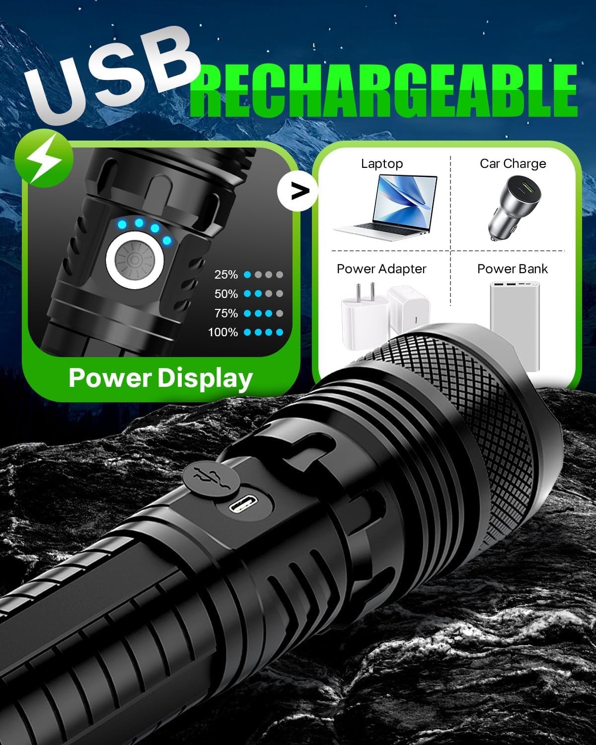 Super Tactical Flashlight - Rechargeable, Zoomable, 5 Modes, USA Stock