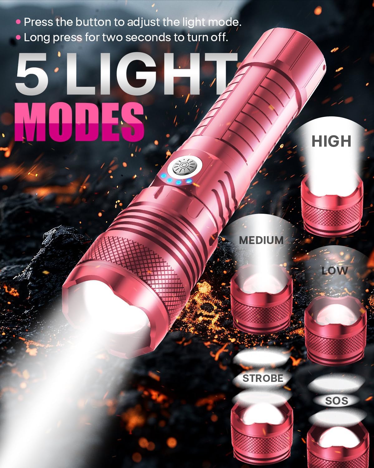 Color Tactical Flashlight - Rechargeable, Zoomable, 5 Modes, USA Stock