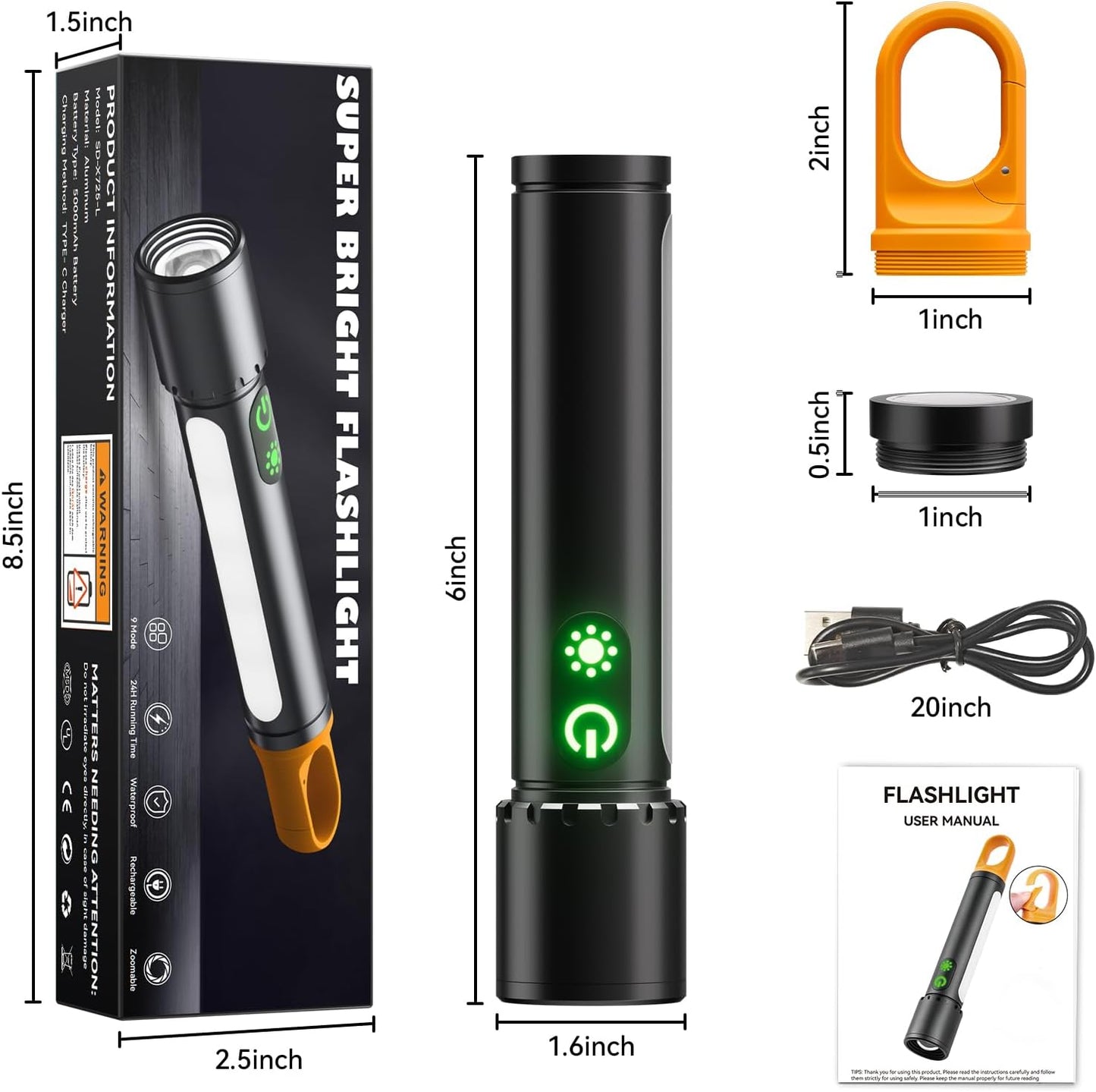 Magnetic Rechargeable Flashlight, 2000LM 5000mAh, 9 Modes, Waterproof
