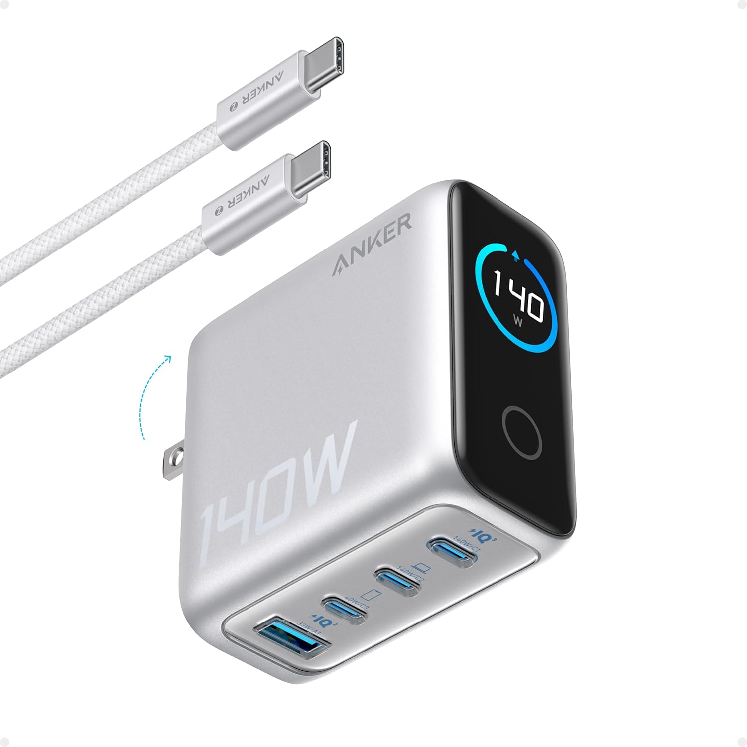 Anker 140W 4-Port GaN Charger (Silver) - PD 3.1 Fast Wall Adapter