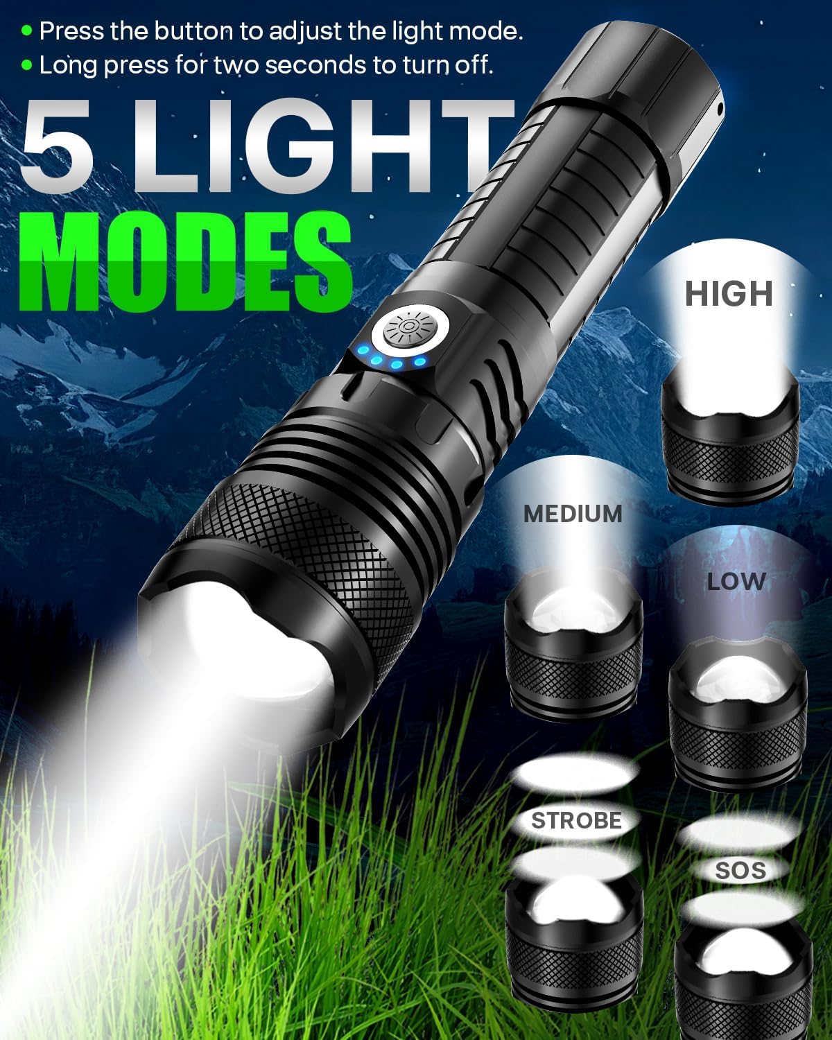 Super Tactical Flashlight - Rechargeable, Zoomable, 5 Modes, USA Stock