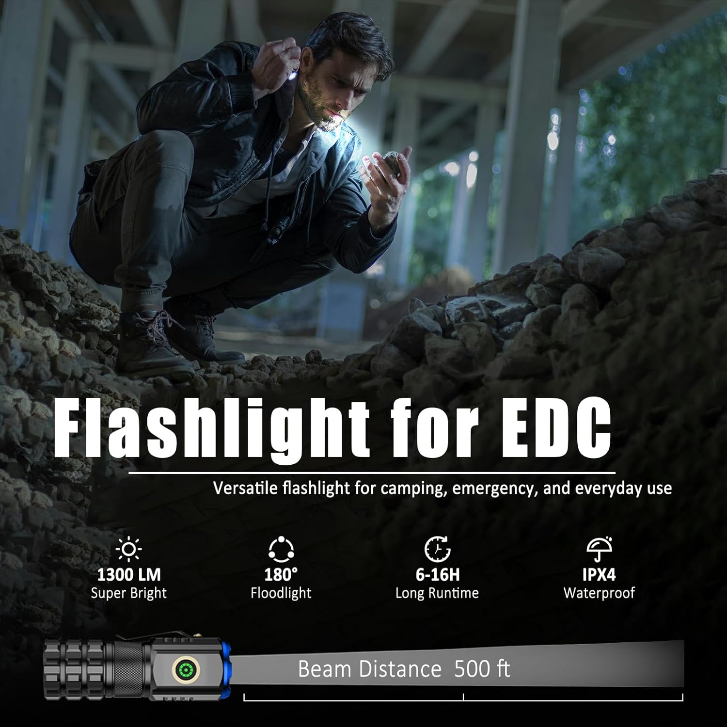 Rechargeable EDC Flashlight - 1300LM, 6 Modes, USB-C, Waterproof