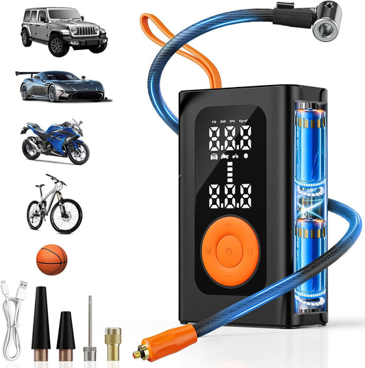Luxela TorqFlow™ Pro Portable Tire Inflator – 150PSI, 2X Faster Inflation, AI Smart Stop, Cordless Air Pump for Car/Bike/Motorcycle w/ LED Light & SOS Mode (Black)