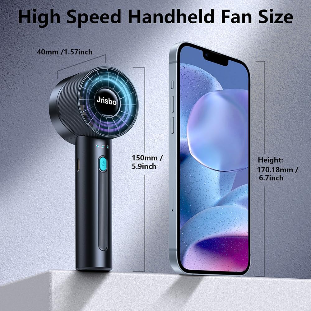 JRISBO Portable Handheld Fan – 4-Speed High-Power Cooling, 2600mAh USB-C Rechargeable | Ultra-Quiet & Lightweight for Travel, Office, Outdoors (Free Neck Lanyard!)